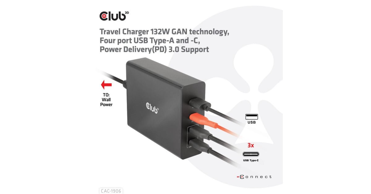 Club 3DTravel Charger 132W GAN technology  (Zwart, USB-A, USB-C, Power Delivery (PD) 3.0)