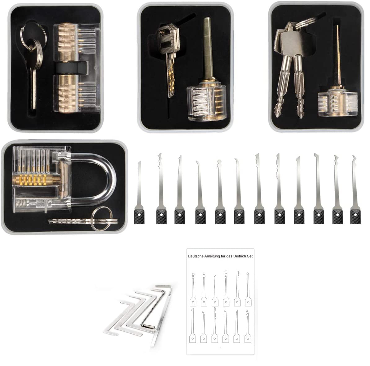 (26-tlg. Set) Dietrich Lockpicking Set mit 4 Übungsschlössern und Edelstahl Spannköpfen / Dietriche - Schwarz