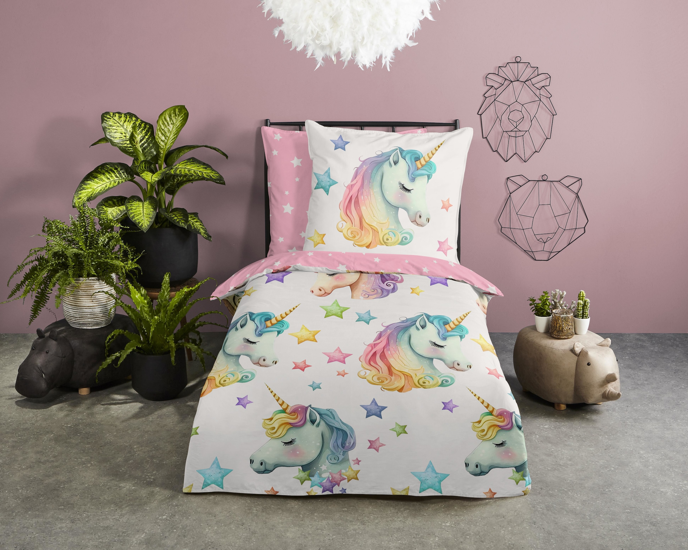 PURE luxury collection Kinderbettwäsche »Fancy« 2 Stk. tlg. Mikrofaser, 135x200, 2 Teilig, Wendeoptik, Kind, Mädchen, Einhorn