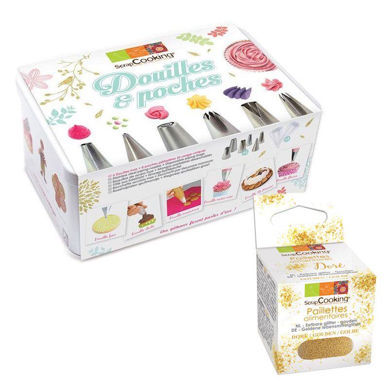 Coffret à pâtisserie 6 douilles inox et poches jetables + paillettes d