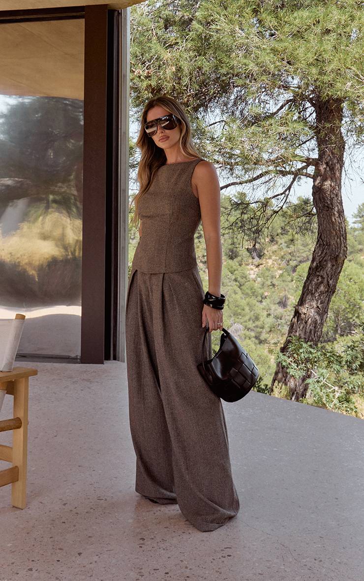 Marron Haut En Tweed Col Nageur Avec Détails