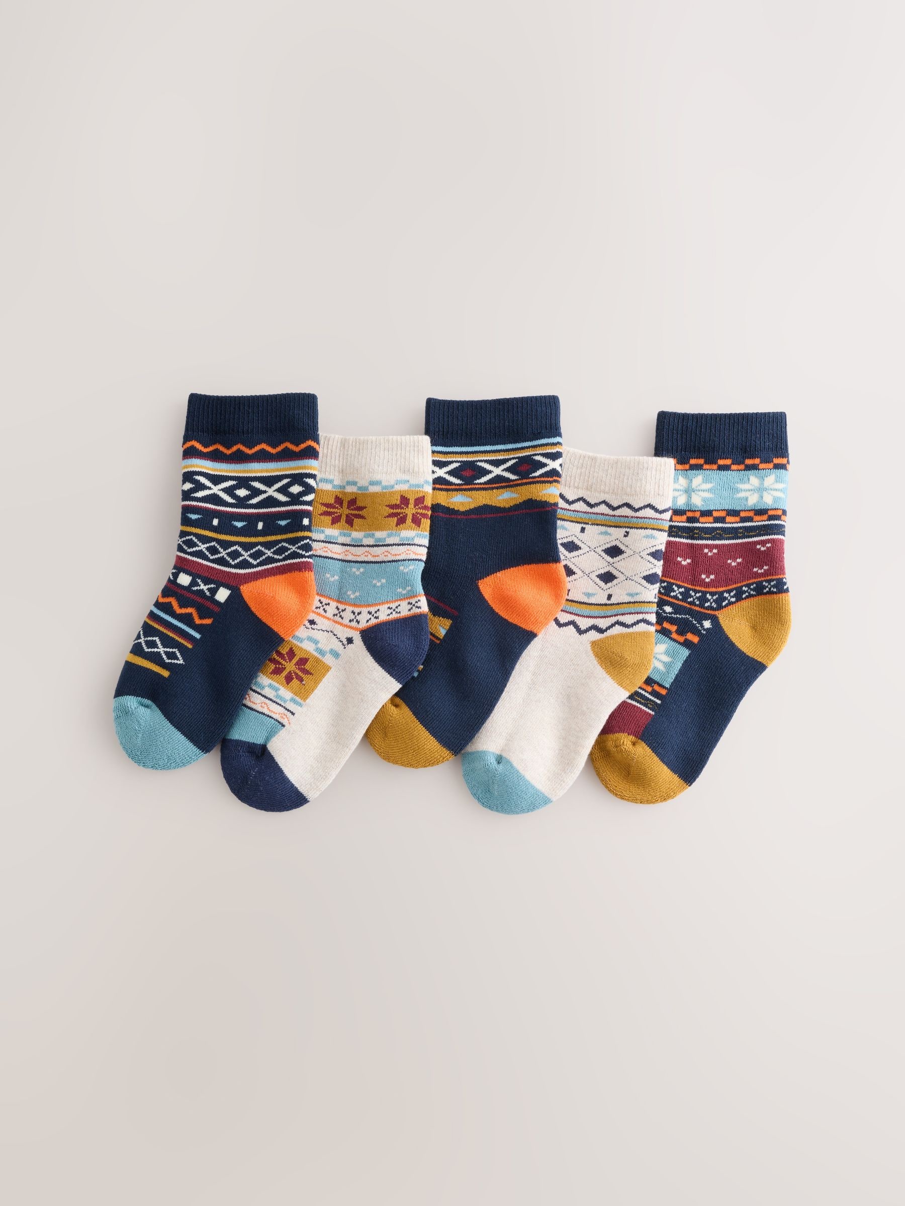 Marineblauw met fairislemotief - Set van 5 Cosy Terry sokken met hoog katoengehalte