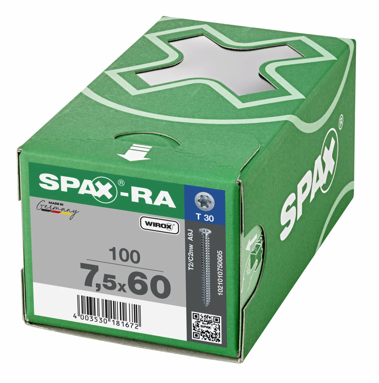 SPAX-Ra 1021010750605 Kozijnschroef, Platverzonken kop, 7.5 x 60, Voldraad, T-STAR plus TX30 - WIROX - 100 stuks