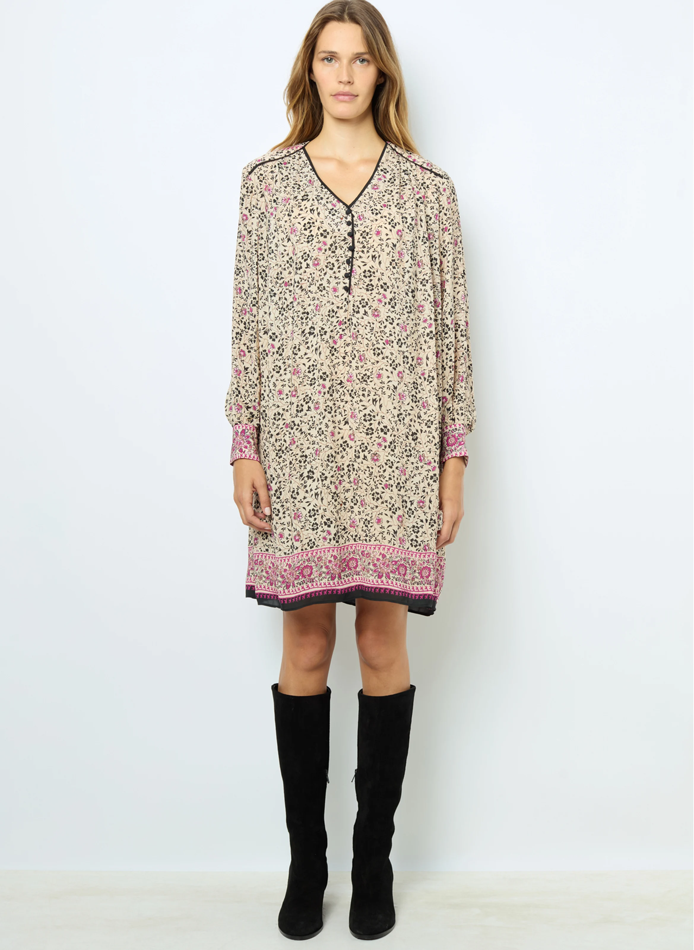 SALINE - Robe droite col V| Beige