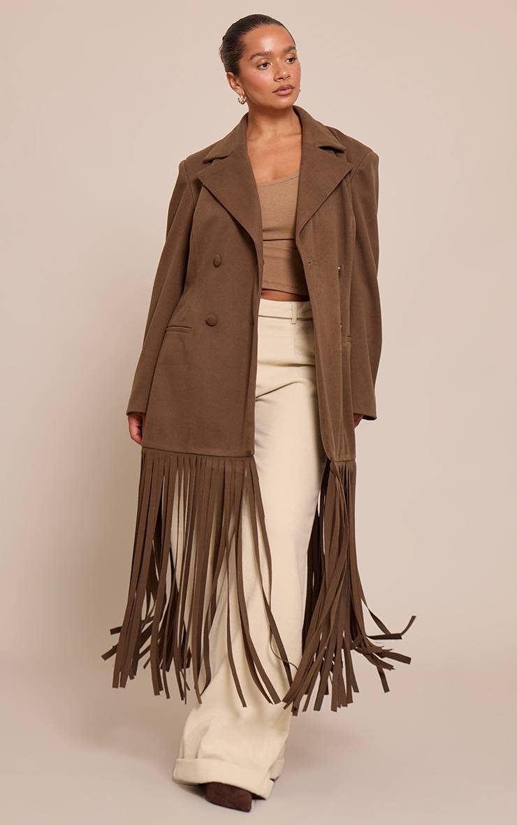 Marron Blazer Shape Aspect Laine Taille Cintrée Ourlet À Franges