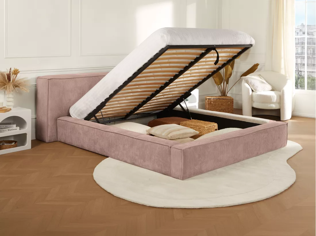 Lit coffre 160 x 200 cm - Velours côtelé - Rose + Matelas - TIMANO de Pascal Morabito