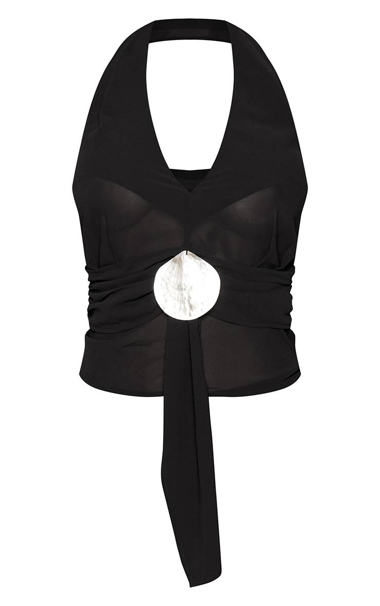 Noir Top Dos Nu En Mousseline Transparente Avec Détail Coquillage Et Col Licou
