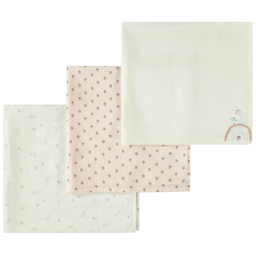 Lot de 3 langes en tetra motifs arcs-en-ciel pour bébé fille - Ecru