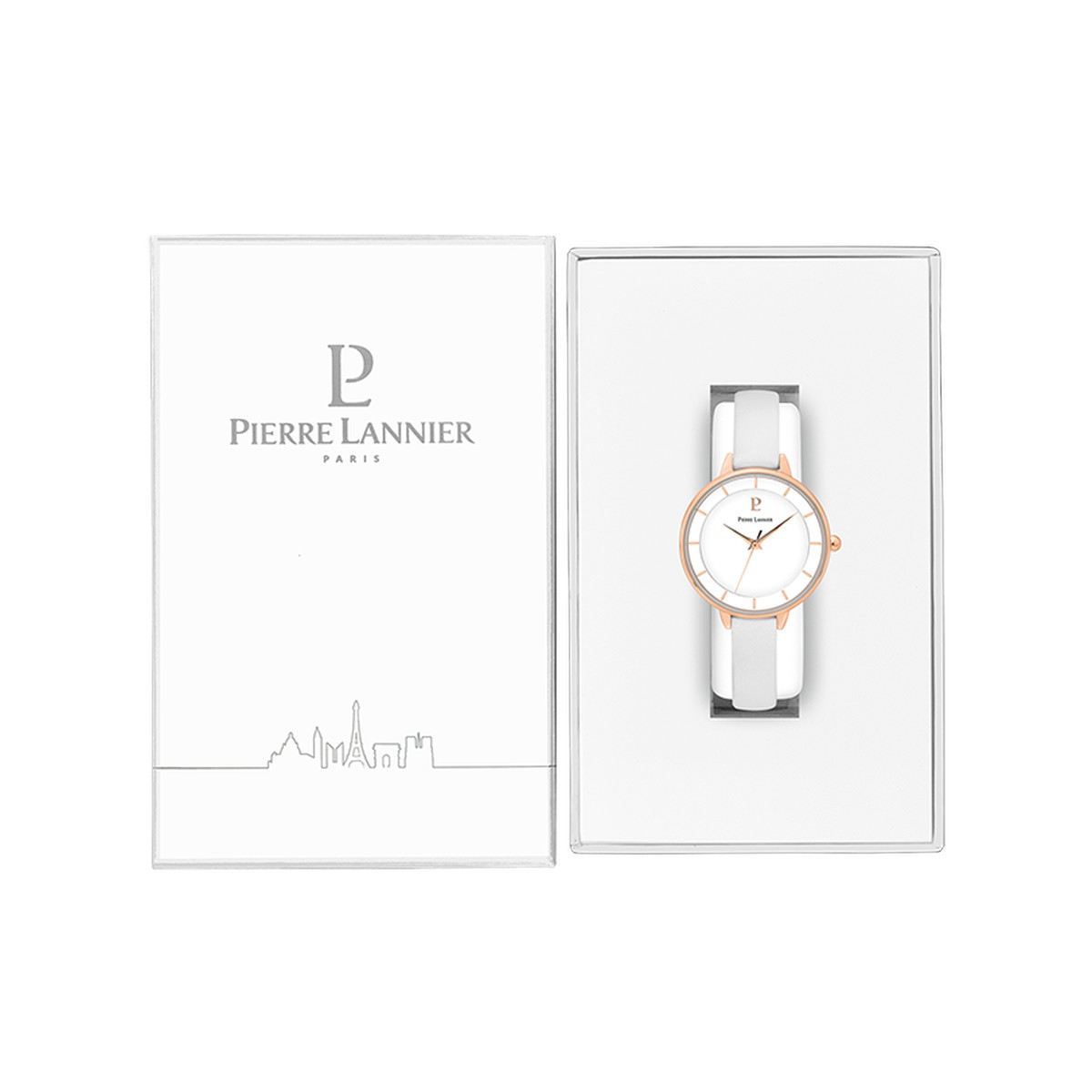 Montre PIERRE LANNIER femme acier doré rose bracelet cuir blanc