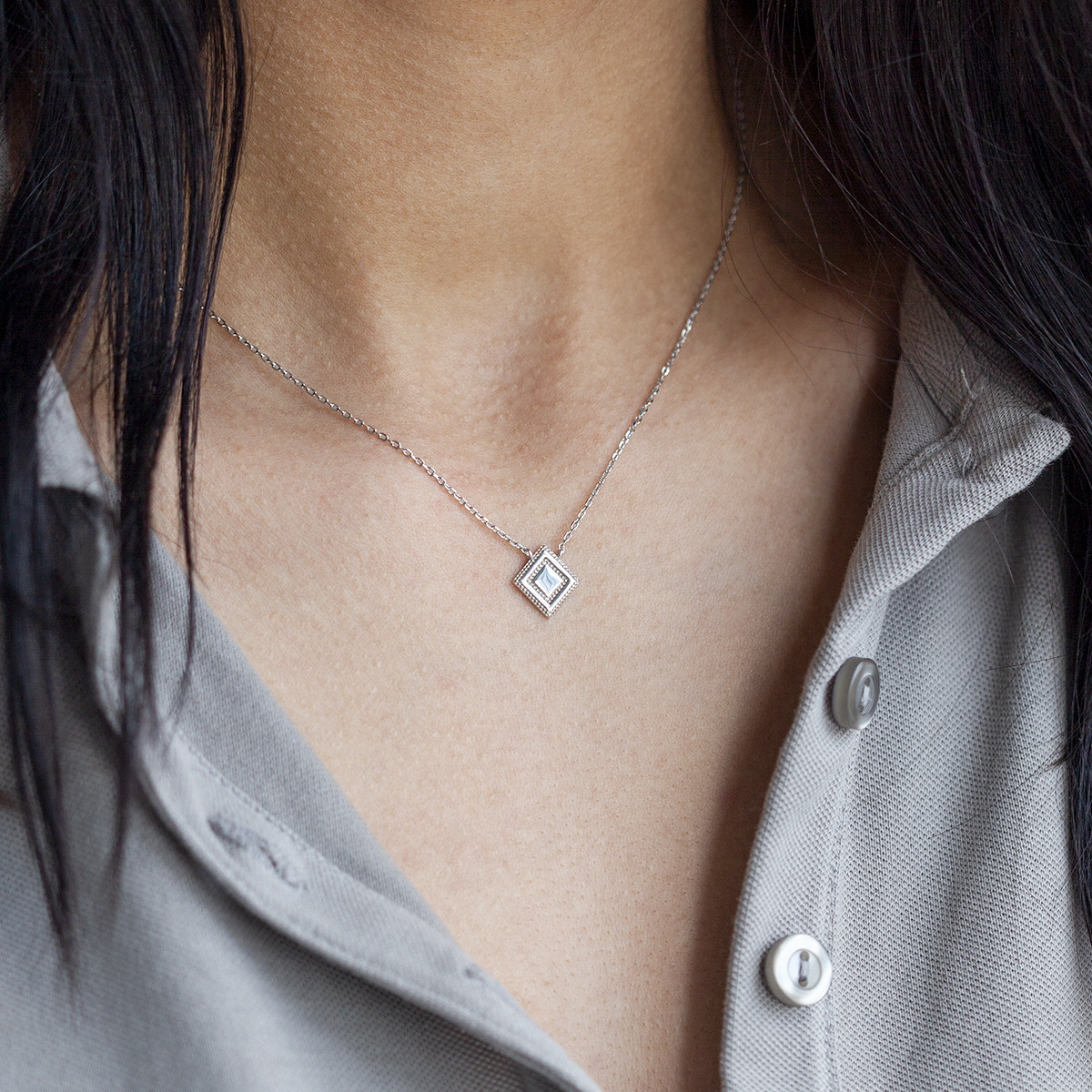 Collier argent 925, motif losange perlé 45 cm