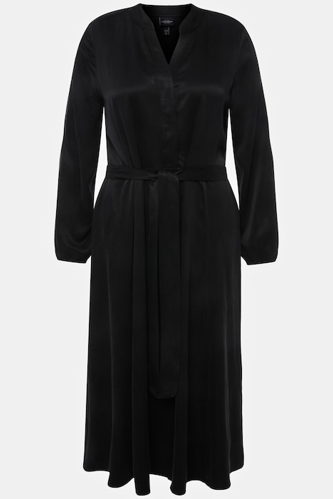 Cupro-Midikleid, Stehkragen, V-Ausschnitt, Langarm