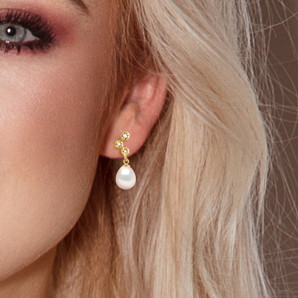 STELLA - Boucles d'Oreilles Perles 9-10 mm & Diamant Or Jaune