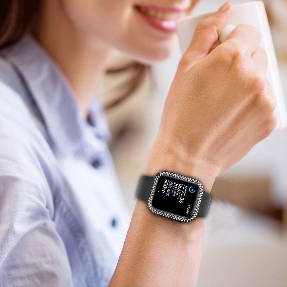 Apple Watch (41mm) Hardcase Glitzer Strass Bumper Hülle mit Display Schutzglas - Schwarz