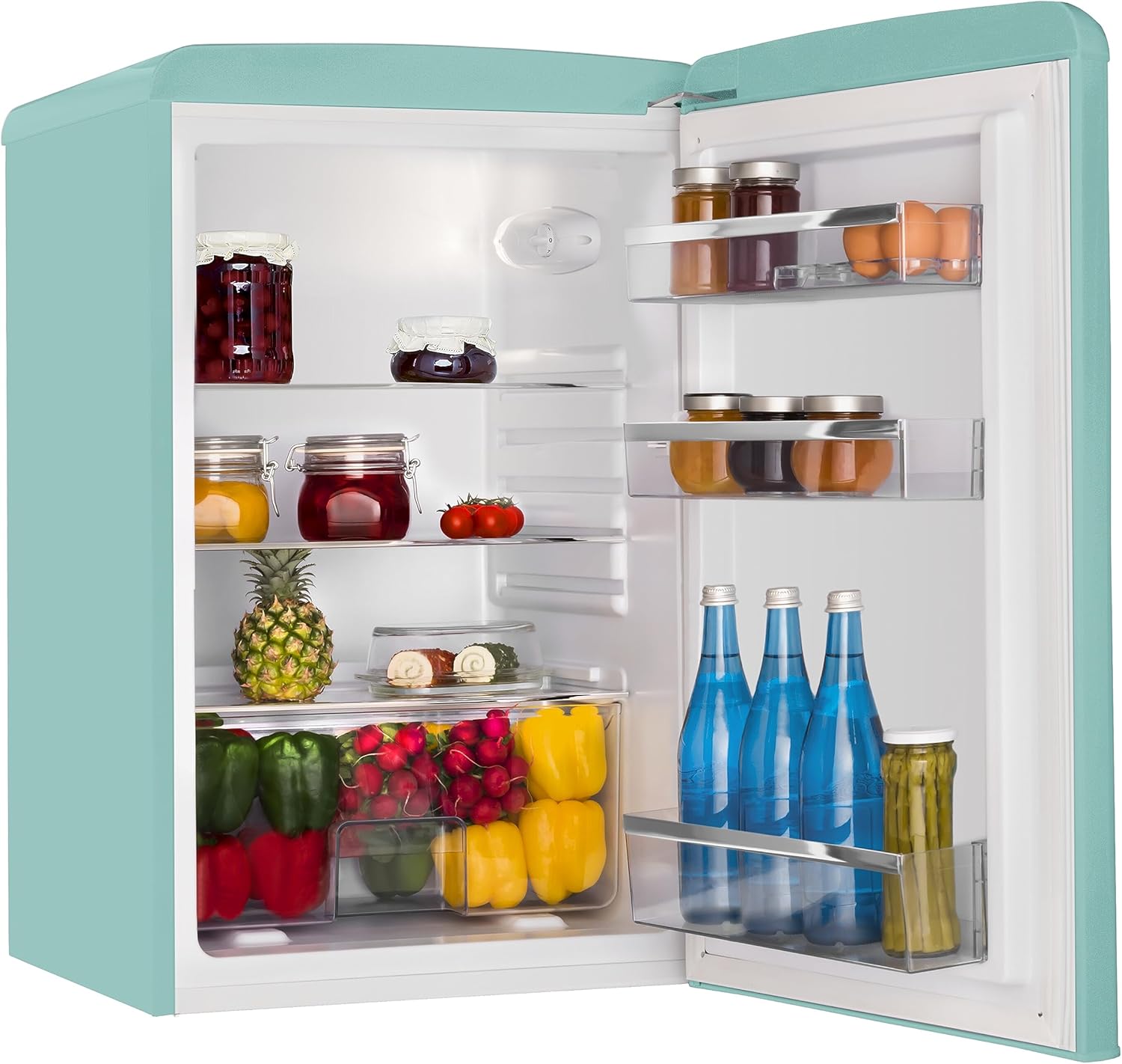 Amica VKS 15622-1 T Retro Vollraum-Kühlschrank / Ice Blue / 88cm (H) x 55cm (B) x 62cm (T) / Retro-Design / Mini-Kühlschrank