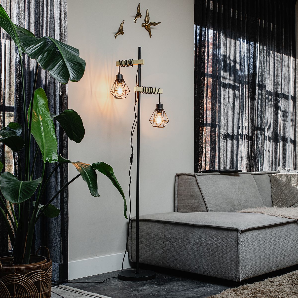 Landelijke vloerlamp zwart met hout 2-lichts - Chon