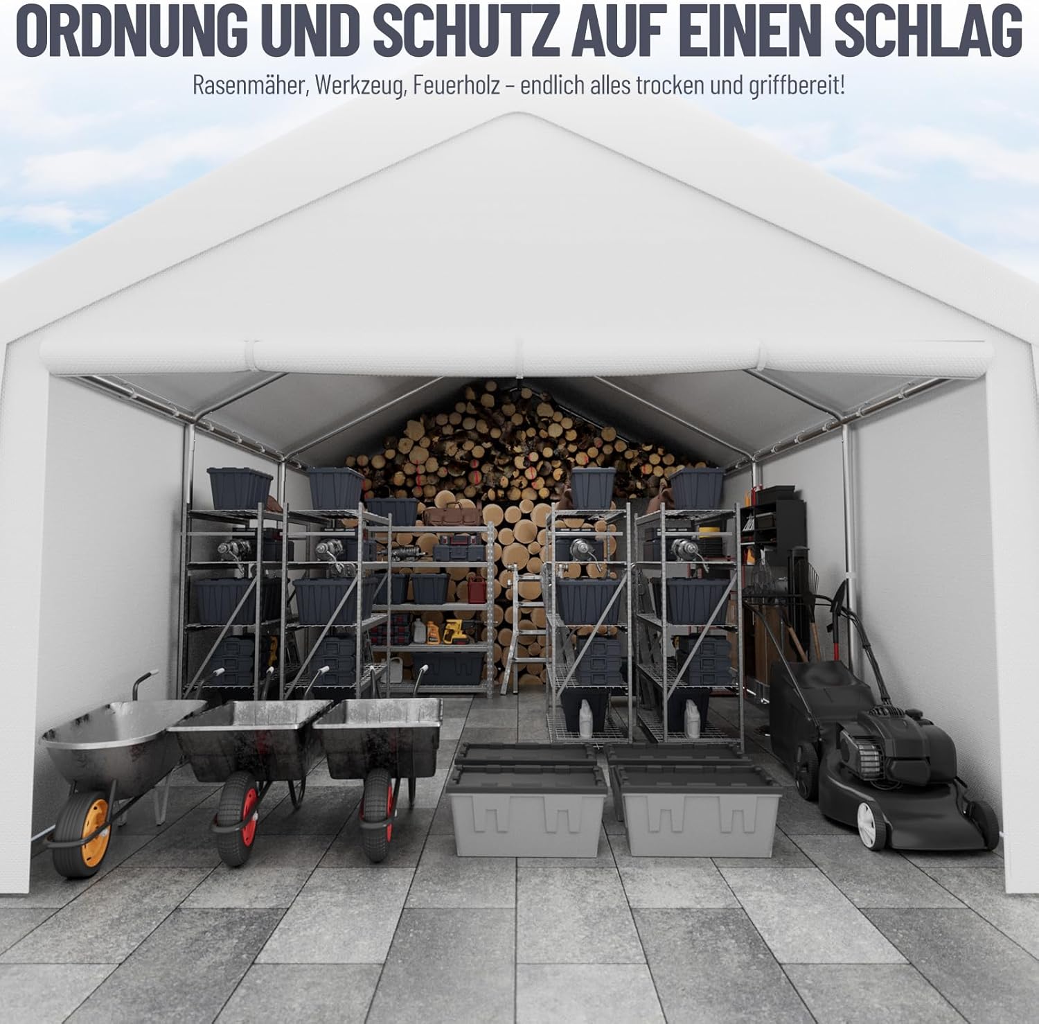 Pavillon mit 2 Seitenwände & 2 Eingänge, Schaffen eine Temporäre Raumlösung, 4x6 m XXL Zeltgarage Lagerzelt Weidezelt Gerätezelt Winterfest Windschutz Wasserdicht UV-beständig, Stahl & PE (Weiß