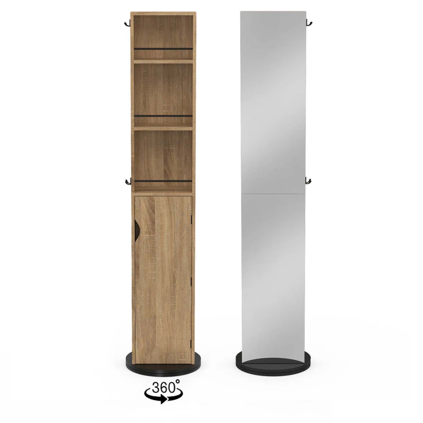 Meuble colonne pivotante de salle de bain avec miroir, placard et étagères hêtre et noir ELIA