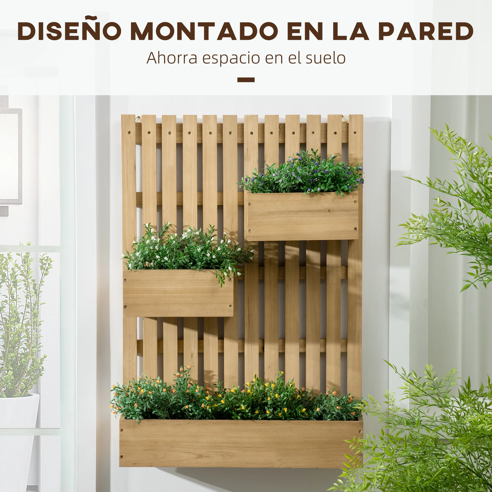 Jardineira de parede Outsunny com treliça, jardineira vertical de madeira com 3 vasos móveis e orifício de drenagem para jardim, terraço e pátio, 60x16x80 cm, natural.