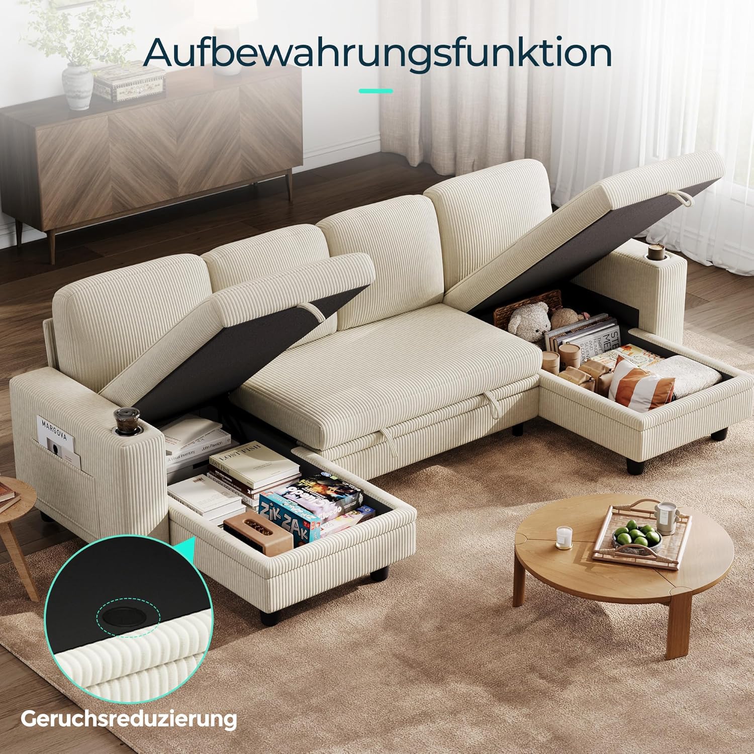 LINSY HOME Schlafsofa Ausziehbarer Couch, Ecksofa mit Schlaffunktion, Stauraum, Cord-Bezug U-Form Modulare Sofas mit Chaiselongue für Wohnzimmer und Wohnungen (Beige, U-Form)