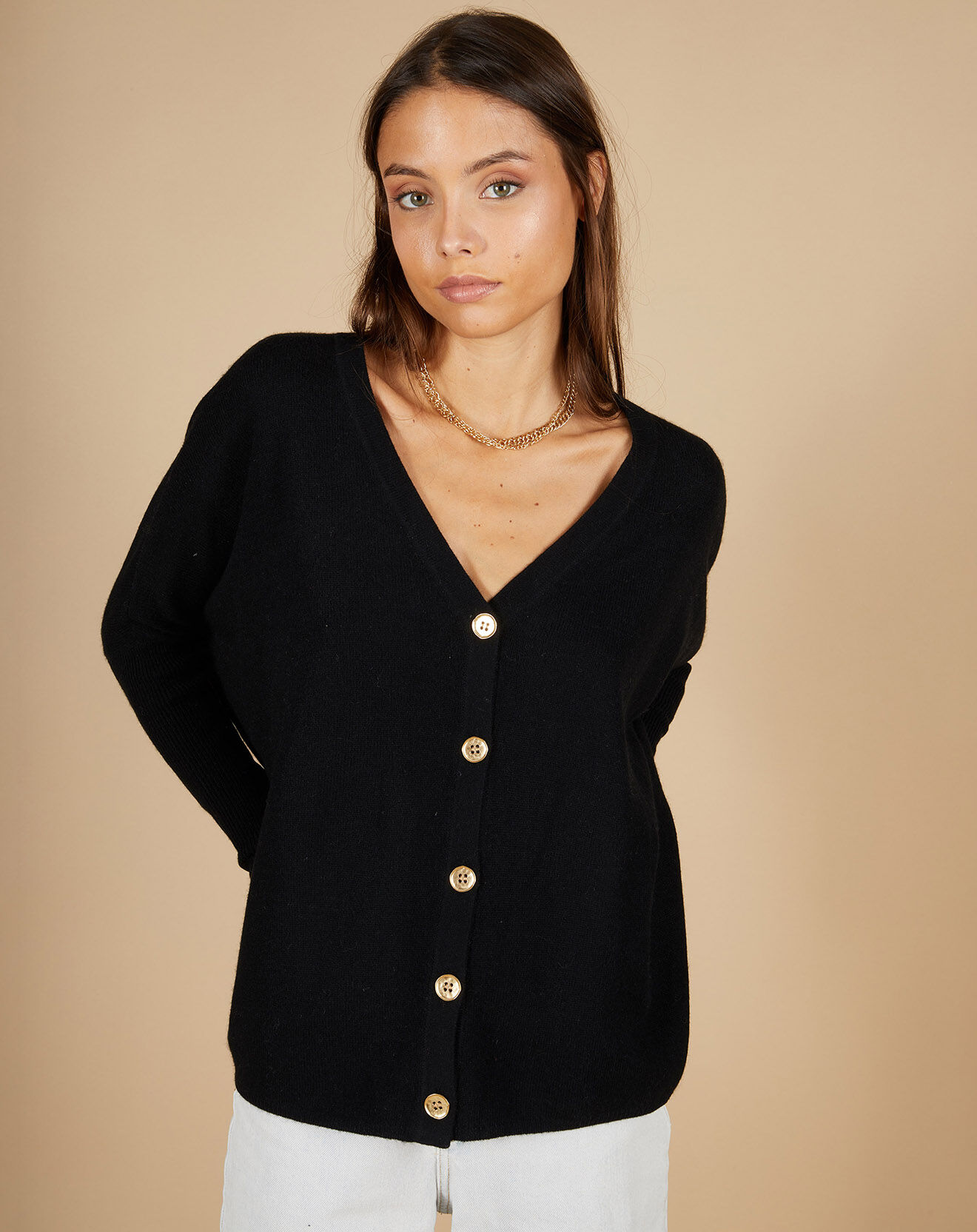 Cashmere Tribu Cardigan 100% Cachemire Alisson col V ample noir