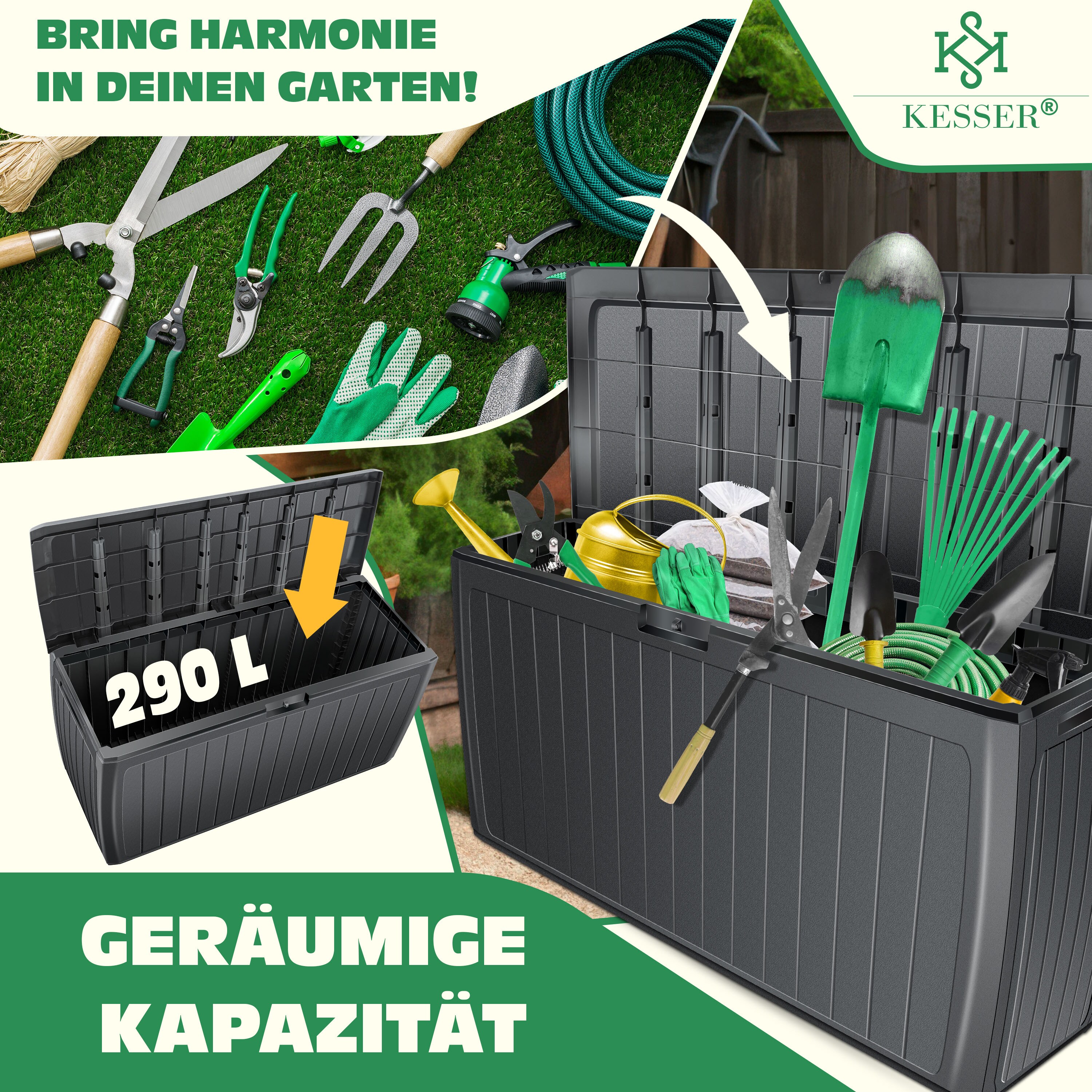 KESSER® Auflagenbox Kissenbox 290 Liter mit abschließbarem Deckel Haltegriffe Gartenbox