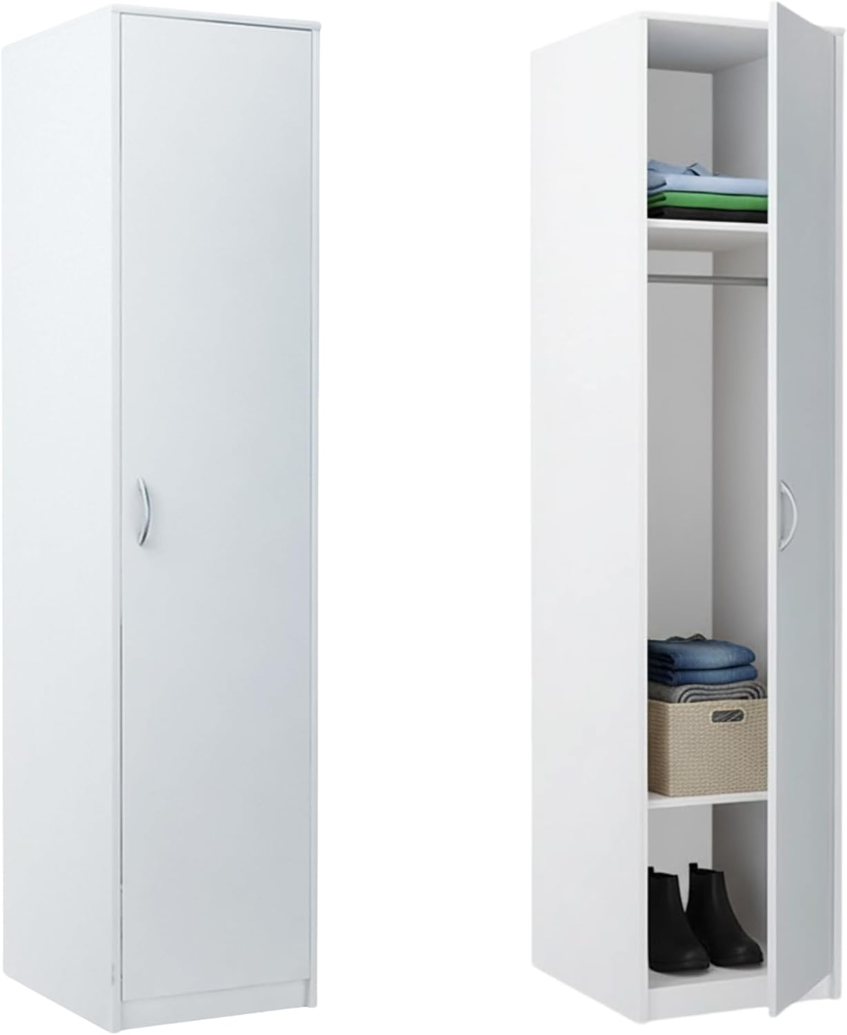 Home Collective Kleiderschrank mit 1 Tür, 1 Kleiderstange und 2 Einlegeböden, Garderobenschrank 45 cm breit Schrank schmal Matte Oberfläche, ideal für Schlafzimmer, Wohnzimmer, Flur | weiß