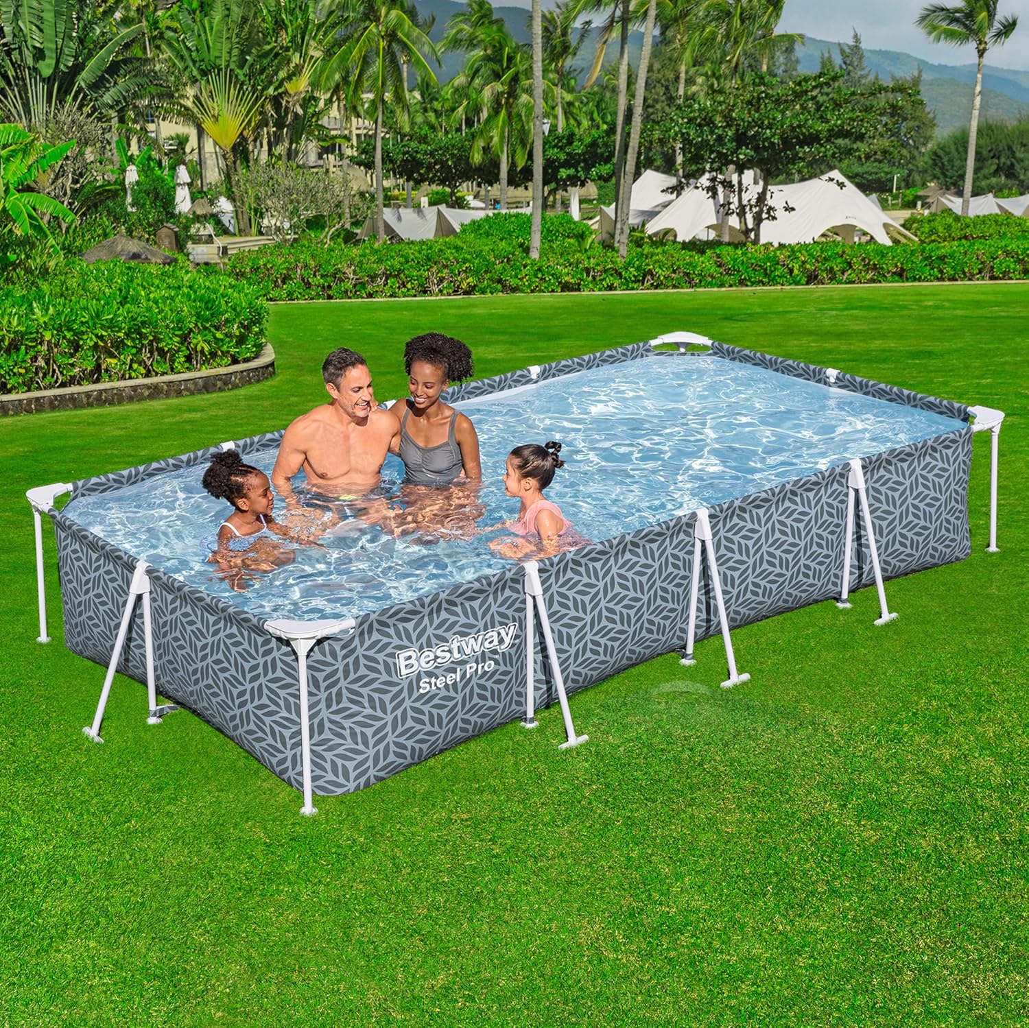 Bestway Steel Pro Frame Pool Set mit Filterpumpe 366 x 201 x 66 cm, Blattform-Design, eckig