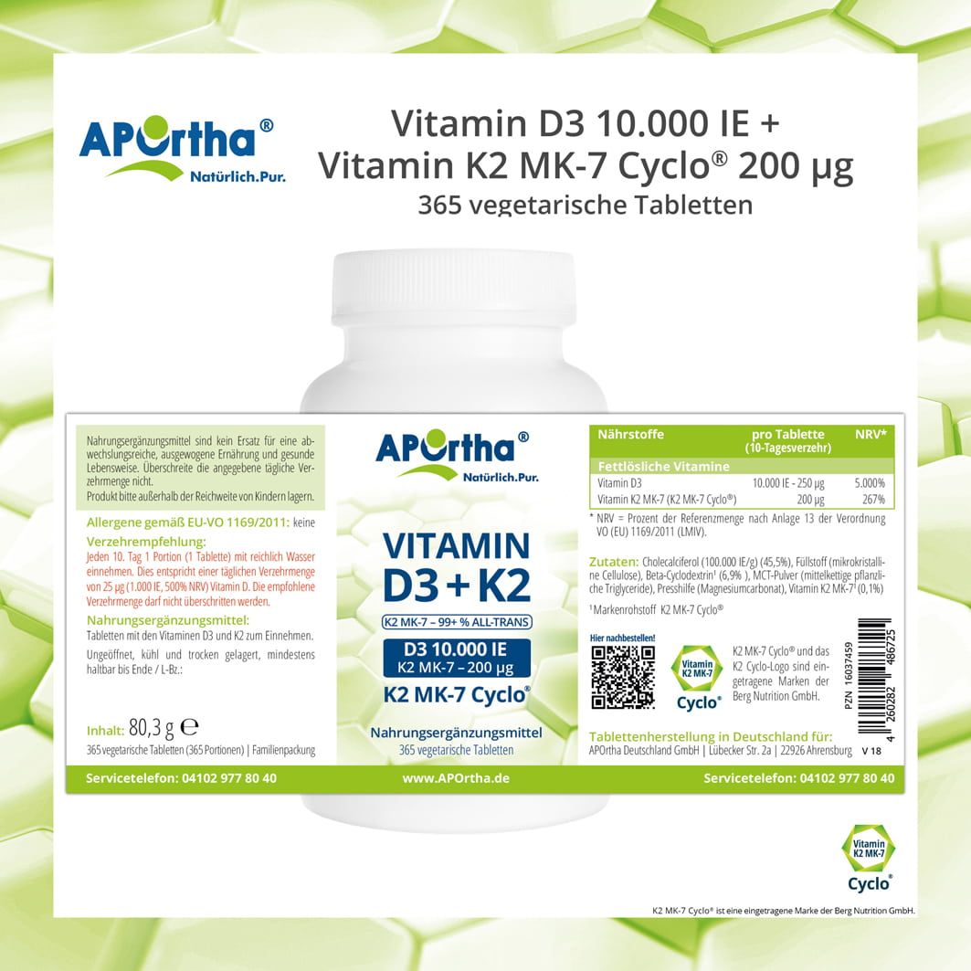 APOrtha® Vitamin D3 10.000 IE + Natto Vitamin K2 MK-7 Cyclo® Tabletten - 200 µg