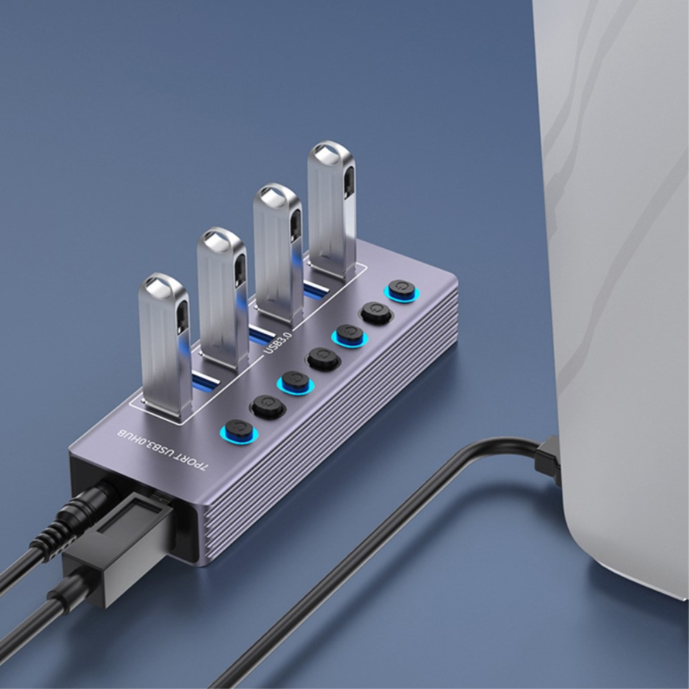 (13cm) 7-fach USB 3.0 Hub Aluminium Adapter mit USB Port Steuerung Tastenschalter 5GB/s   Netzteil (12V/3A) - Grau