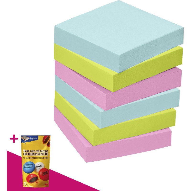 Notes repositionnables couleurs Cosmic Super Sticky Post-it - bloc de 90 feuilles = Pour l'achat 12 notes repositionnables, 1 sachet de M&M OFFERT