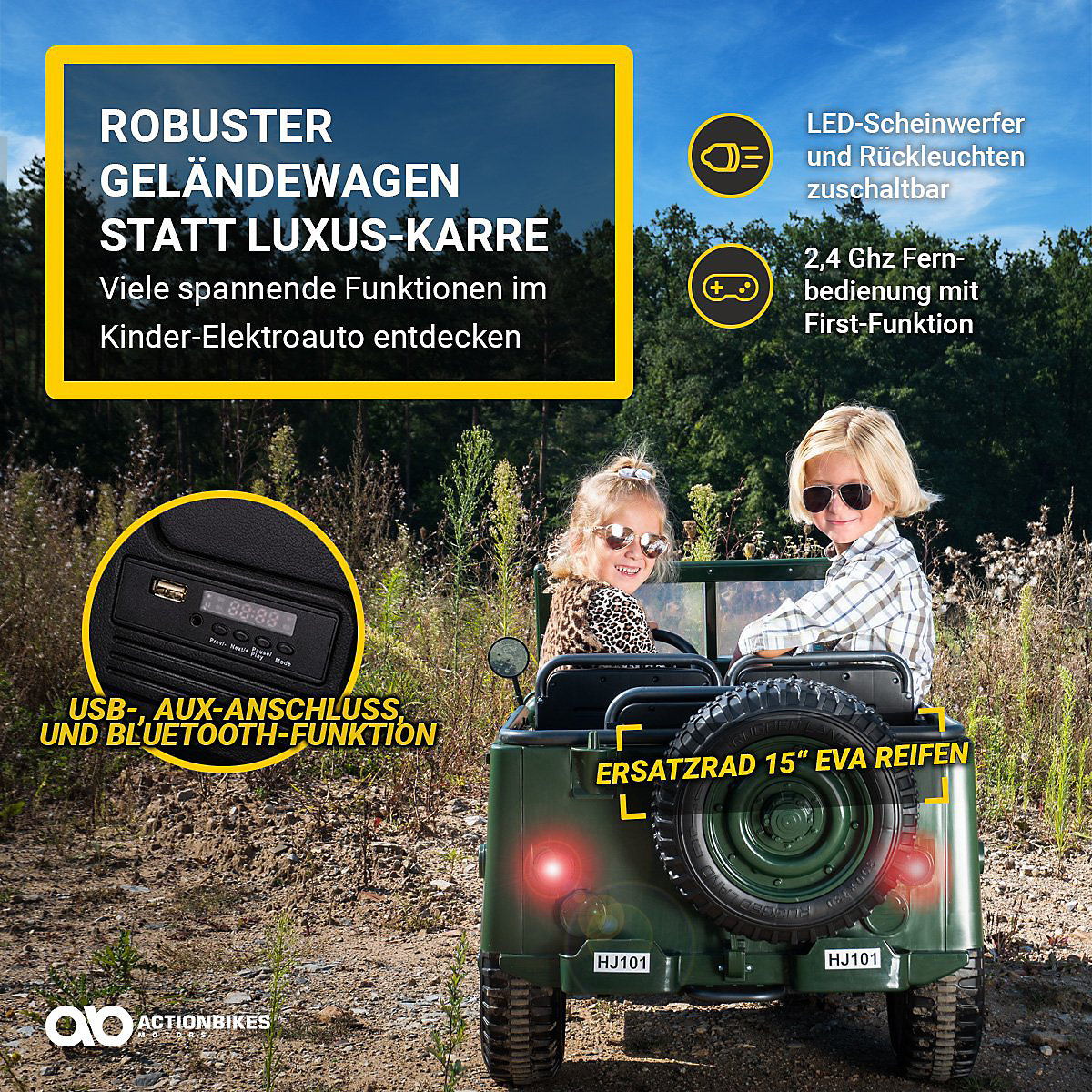 Kinder Elektroauto Jeep Willys - 4x45 Watt - Kinderauto mit Fernbedienung - Soundmodul gr&uuml;n
