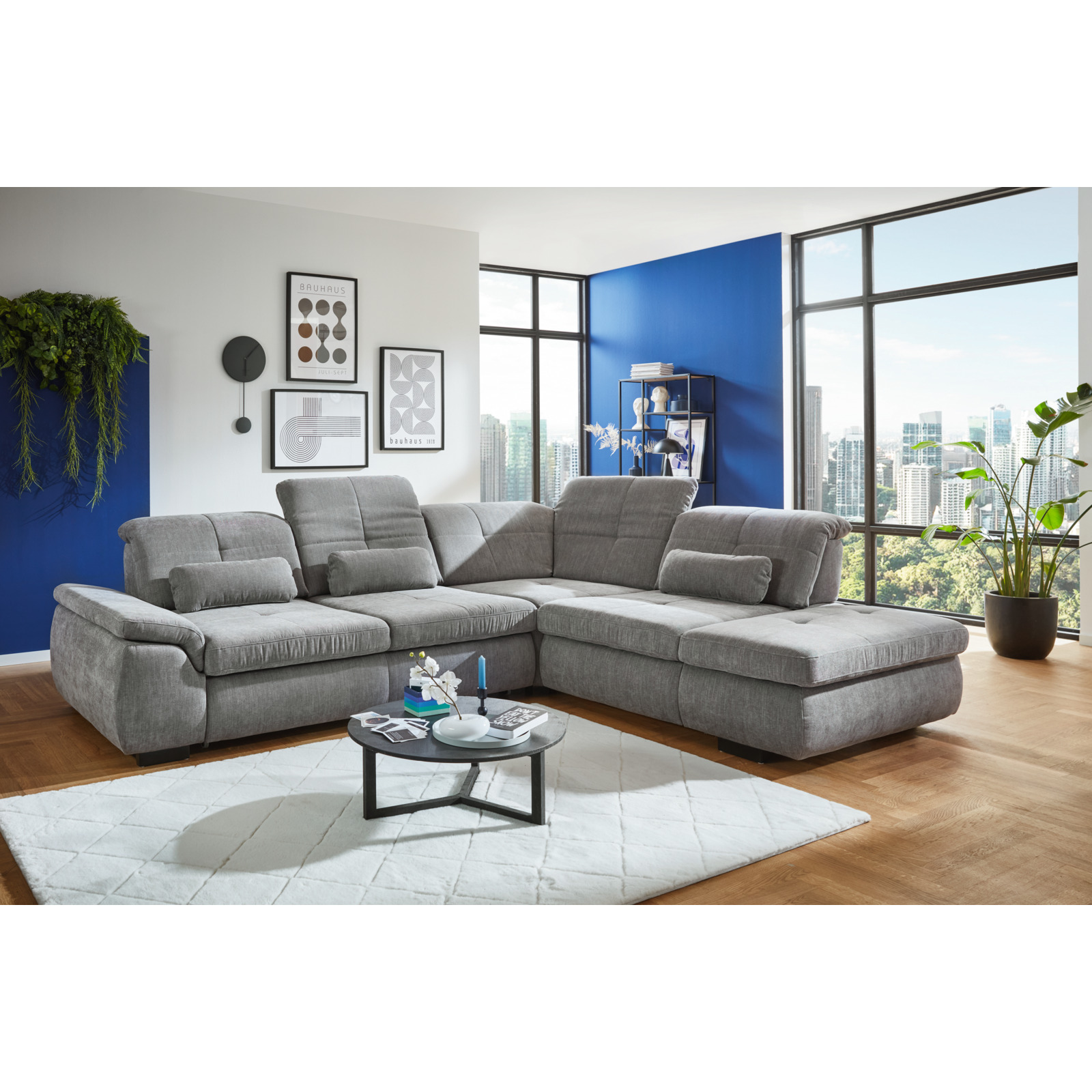 Ecksofa Paderborn Stoff grau, mit Funktionen, Ottomane rechts