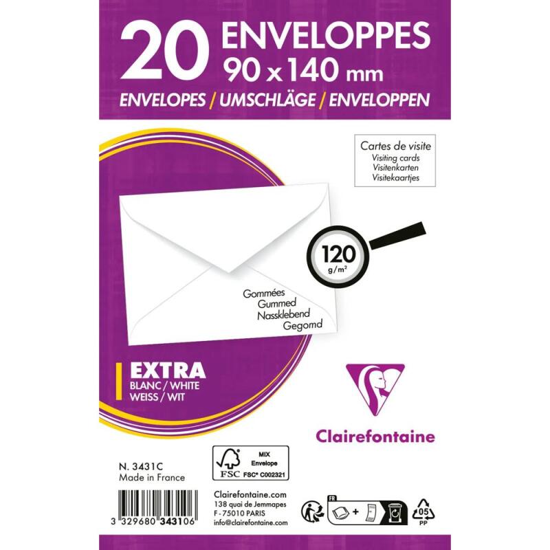 Paquet de 20 Enveloppes de Visite Blanches 90x140mm - Gommée - 120g/m2 - Blanc