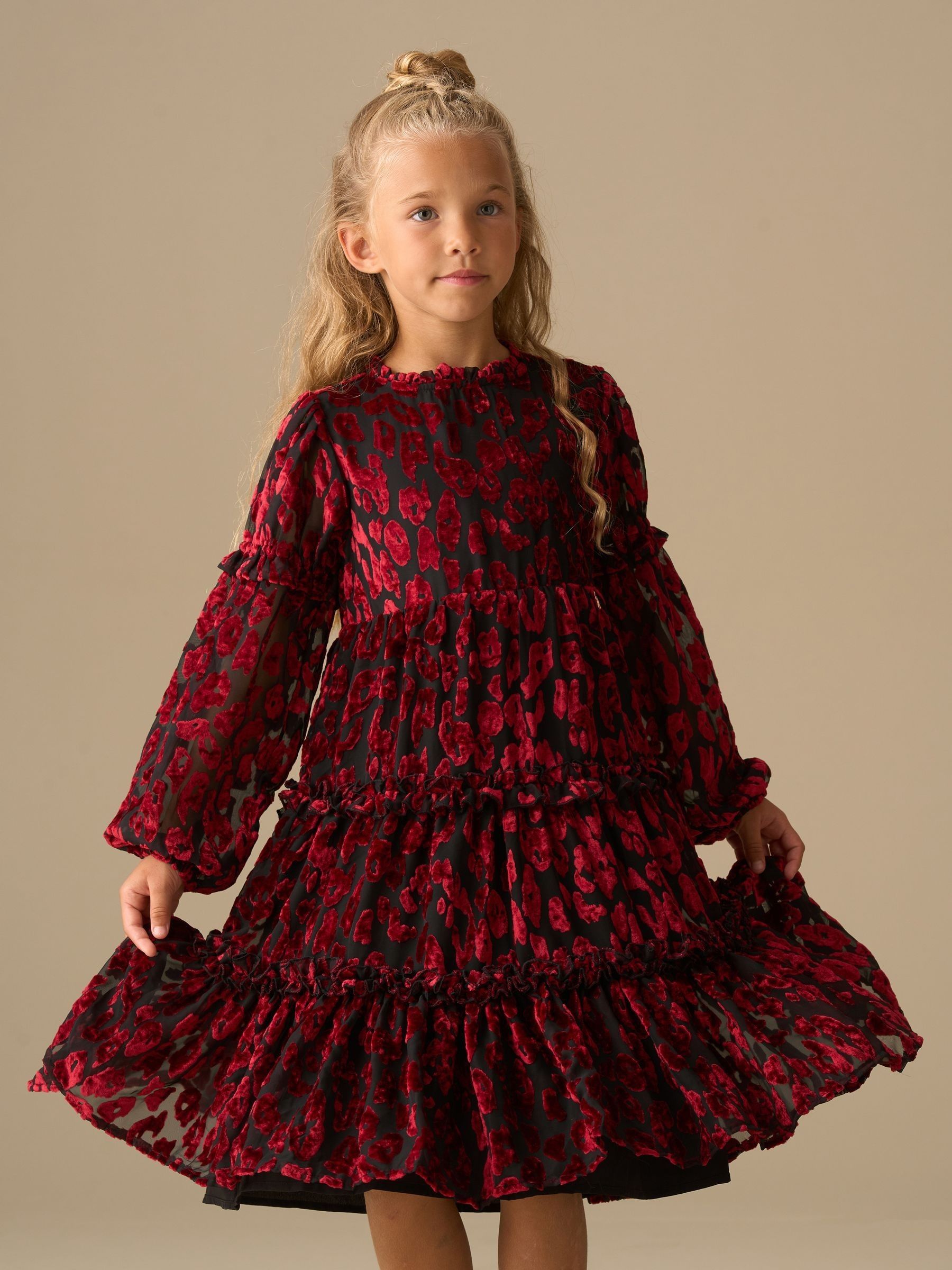 Rood - Angel & Rocket Poppy Devore Velvet Tiered Dress