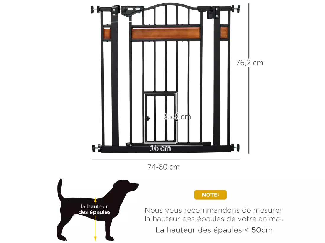 Barrière de sécurité animaux - longueur réglable dim. 74-80 cm - 2 portes verrouillables, ouverture double sens - sans perçage - acier noir pin