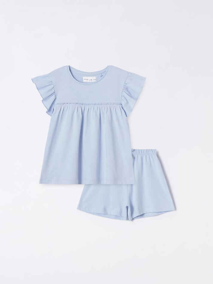 Conjunto de pijama com bordado suíço - Azul claro