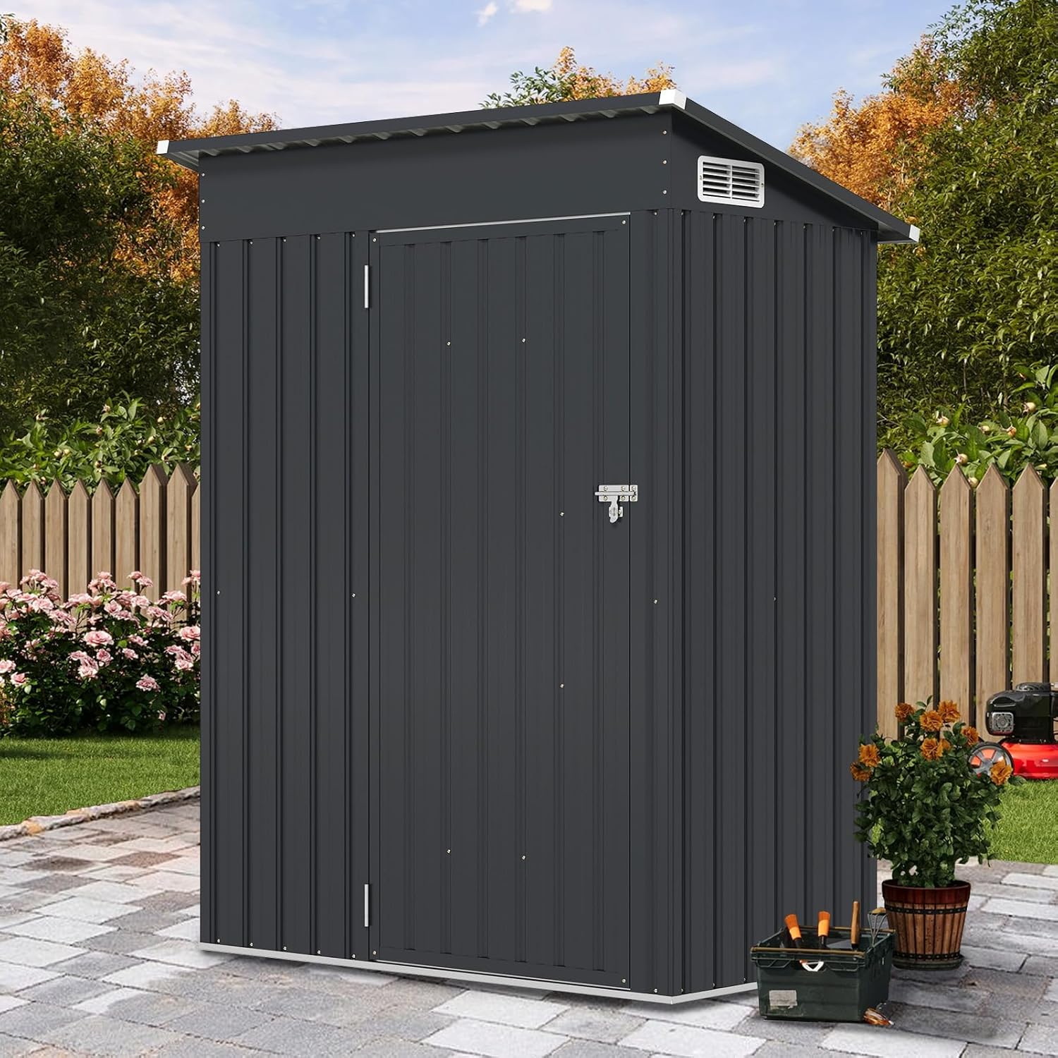 COSTWAY Gartenhaus Metall, 150 x 90,5 x 185 cm | 1,5 m³, Gerätehaus mit Pultdach & Tür, Geräteschuppen abschließbar, Gartenhütte Gartenschuppen, Garten Schuppen Outdoor (Dunkelgrau)