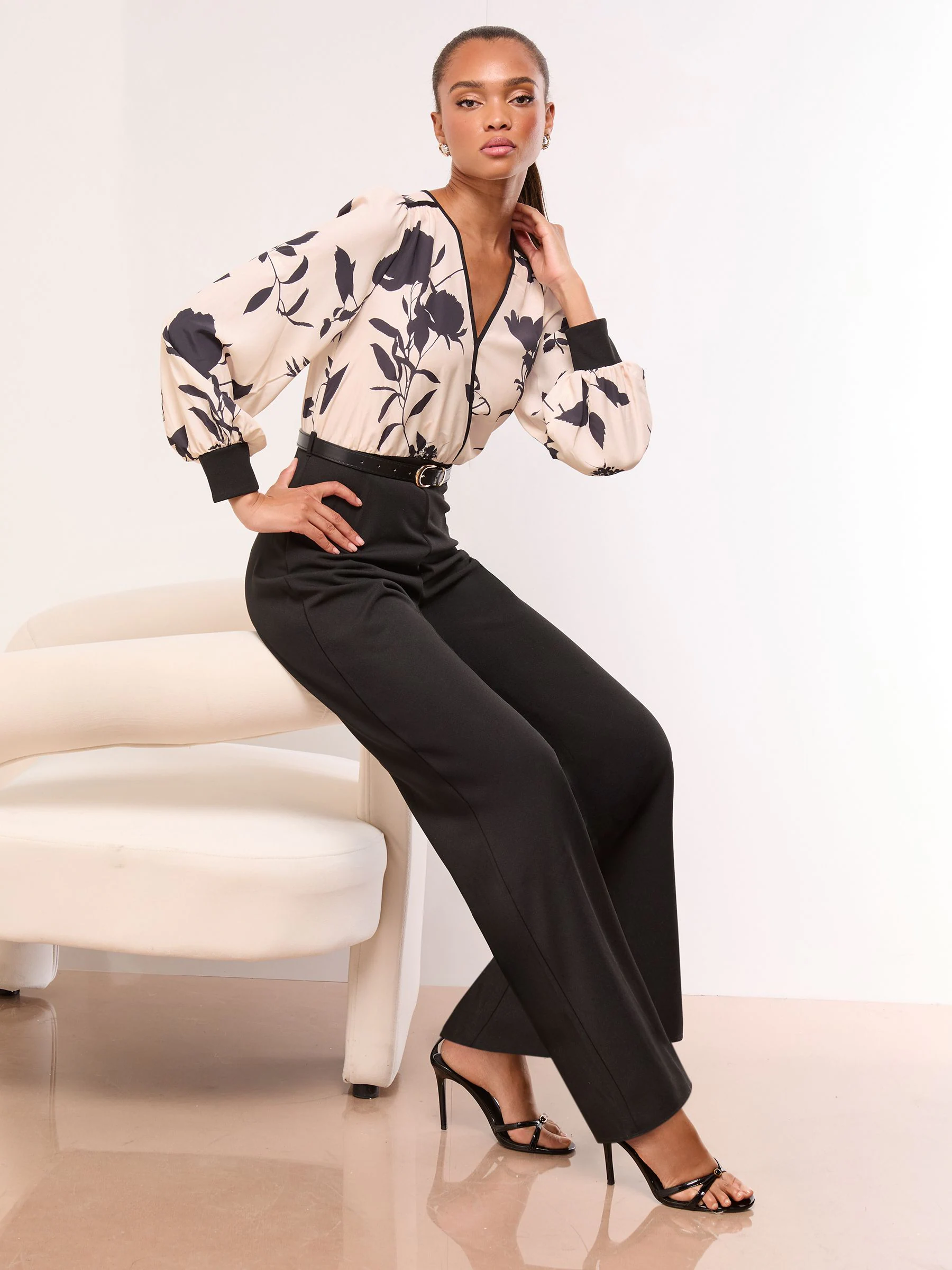 Lipsy 2 in 1 Long Sleeve V-Neck Belted Jumpsuit