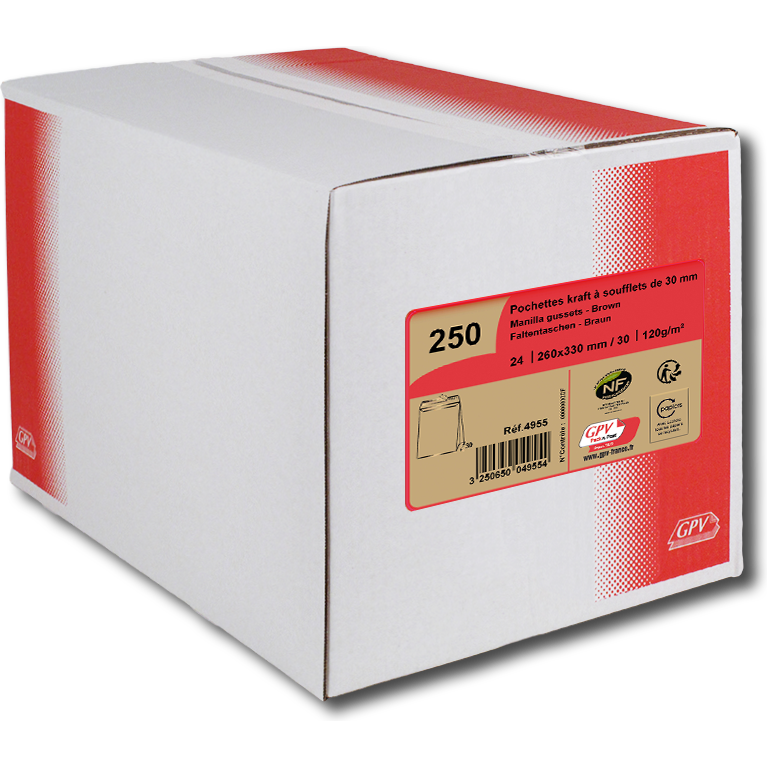 Boite de 250 sacs à soufflets kraft brun 24 260x330 120 g/m² bande de protection