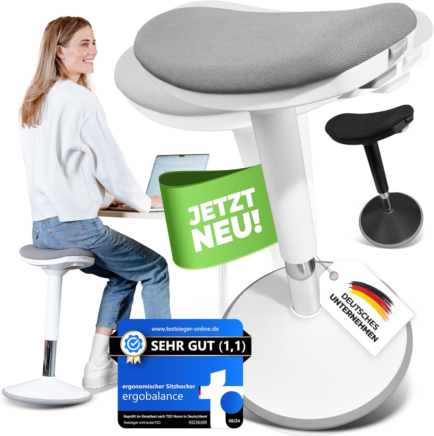 Sitzhocker mit Innovativer Sitzfläche | Ergonomischer Hocker [3 in 1] Bürohocker Sattelhocker Stehhocker | Höhenverstellbar rutschfest | Jetzt Farbe wählen (weiß)