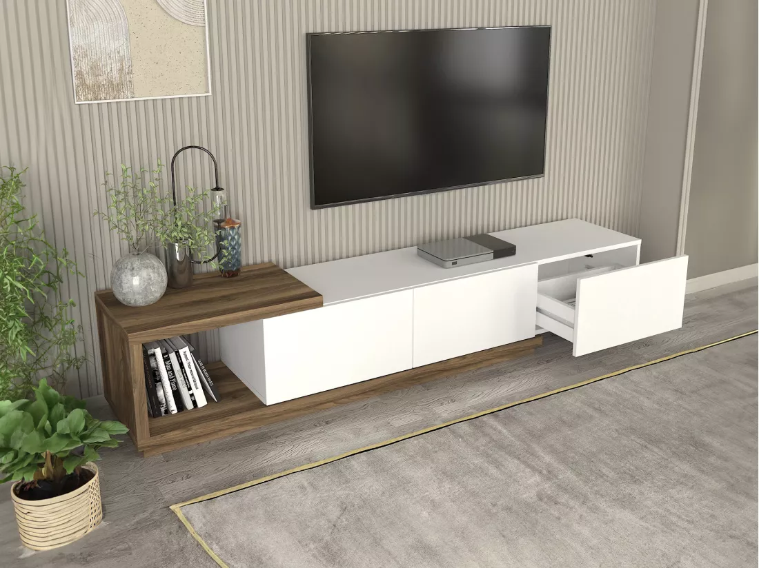 Meuble TV avec 3 tiroirs et 1 niche - Blanc et naturel - DUKIAN