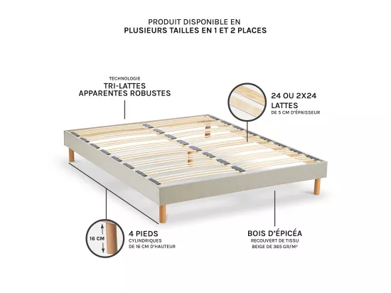 NUIT DE COTON | Sommier à lattes en bois LINO 90x190 cm | Coloris Beige | Livré en kit