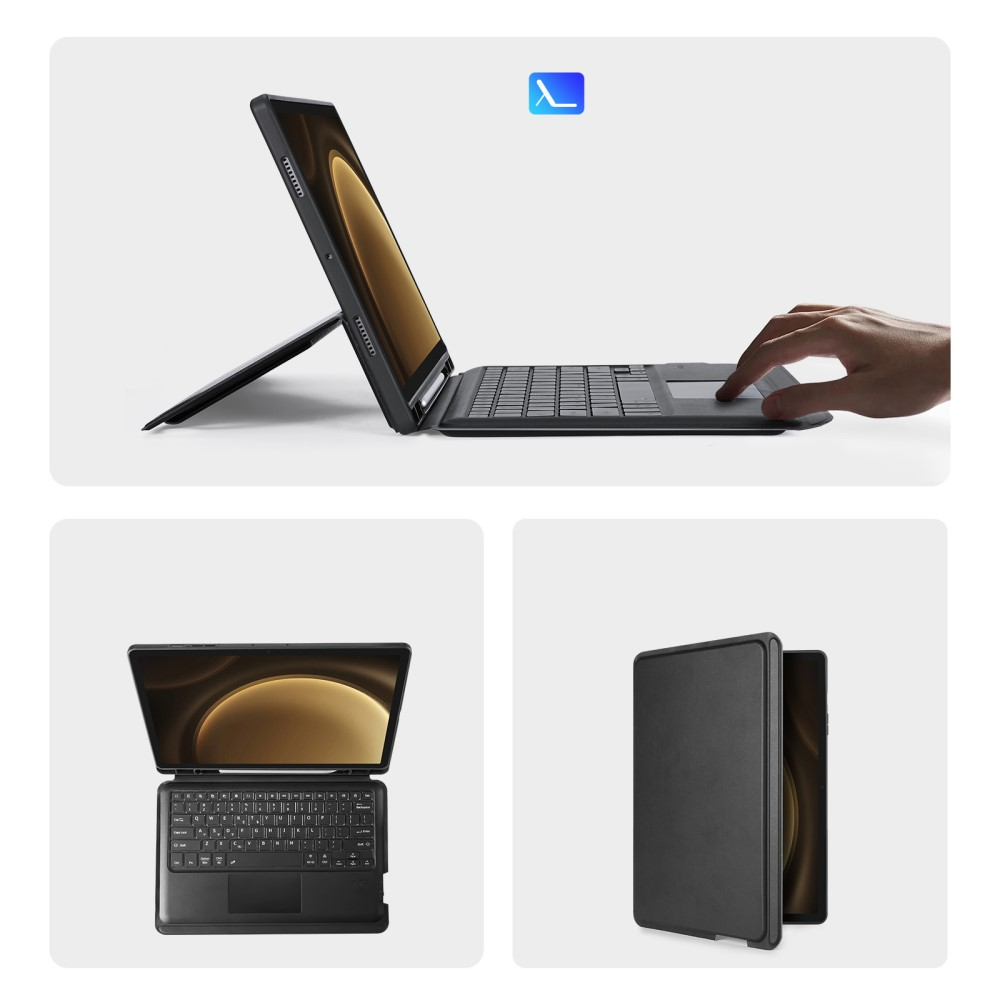 2in1 Samsung Galaxy Tab S9 FE  Plus Leder Tasche Magnetische Bluetooth Tastatur   S-Pen Halterung (QWERTY) - Schwarz