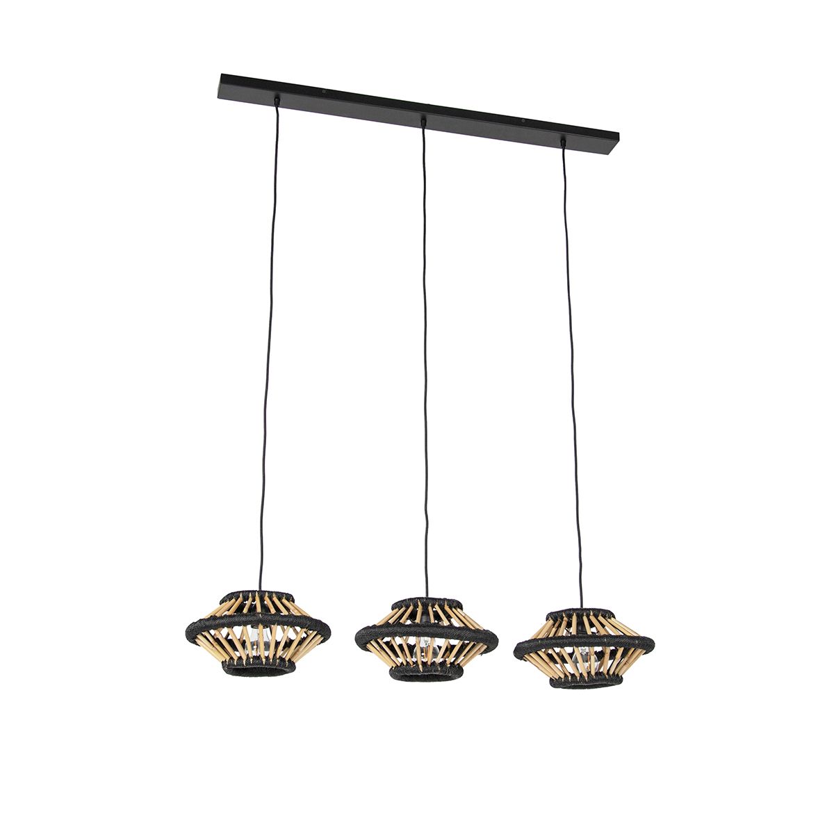 Oosterse hanglamp bamboe met zwart langwerpig 3-lichts - Evalin