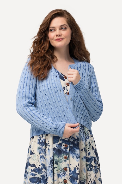 Strickjacke, Zopfmuster, Two-Tone-Feinstrick, V-Ausschnitt