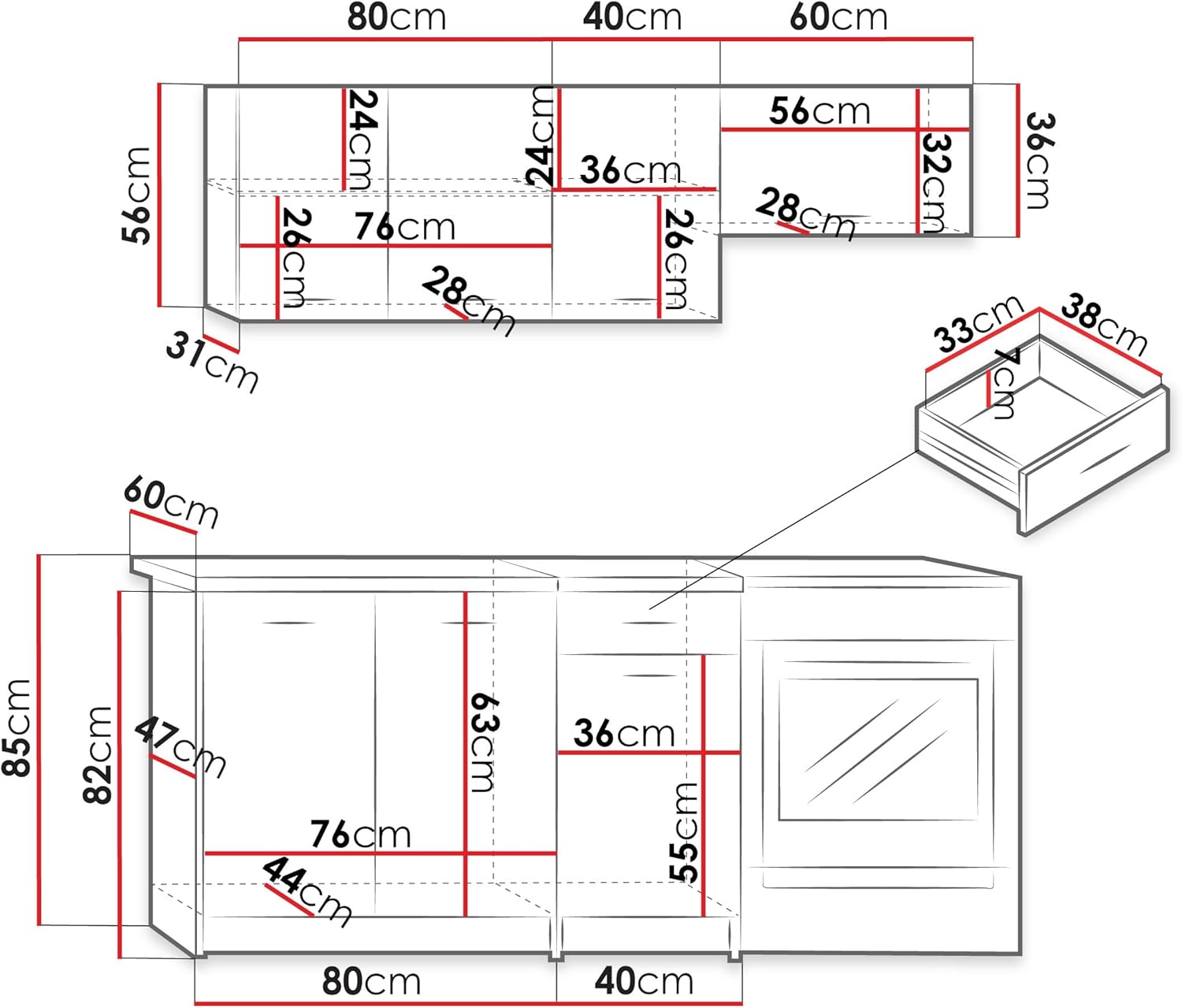 Mirjan24 Küche Mela 180/120 cm, Küchenblock/Küchenzeile, 5 Schrank-Module frei kombinierbar (Sonoma Eiche/Petra Beige, mit LED Beleuchtung)