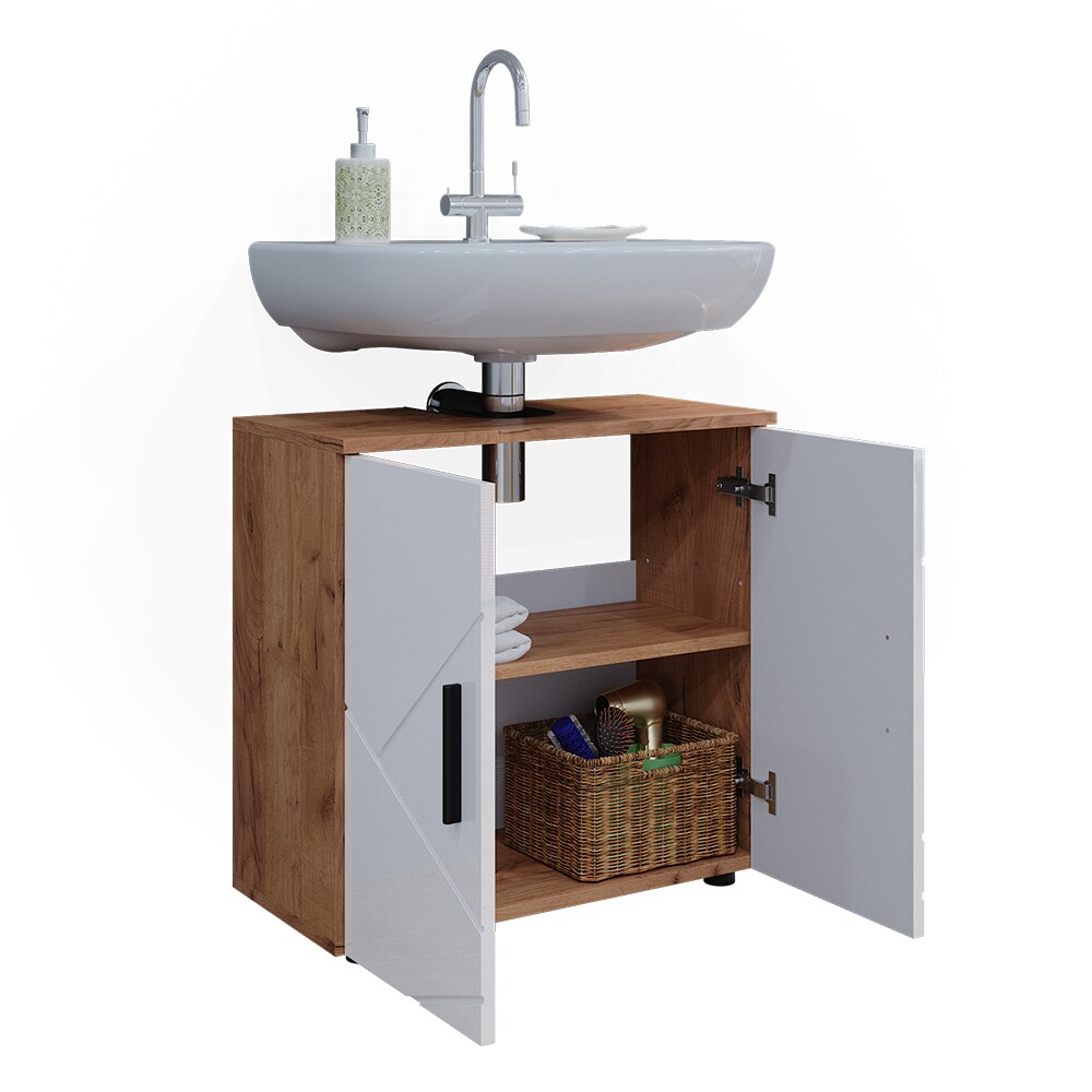 Vicco Waschtischunterschrank Waschbeckenunterschrank Irma Eiche Weiß Hochglanz modern 60x59 cm Badezimmer Schrank Badschrank Badkommode Badmöbel 2 Türen