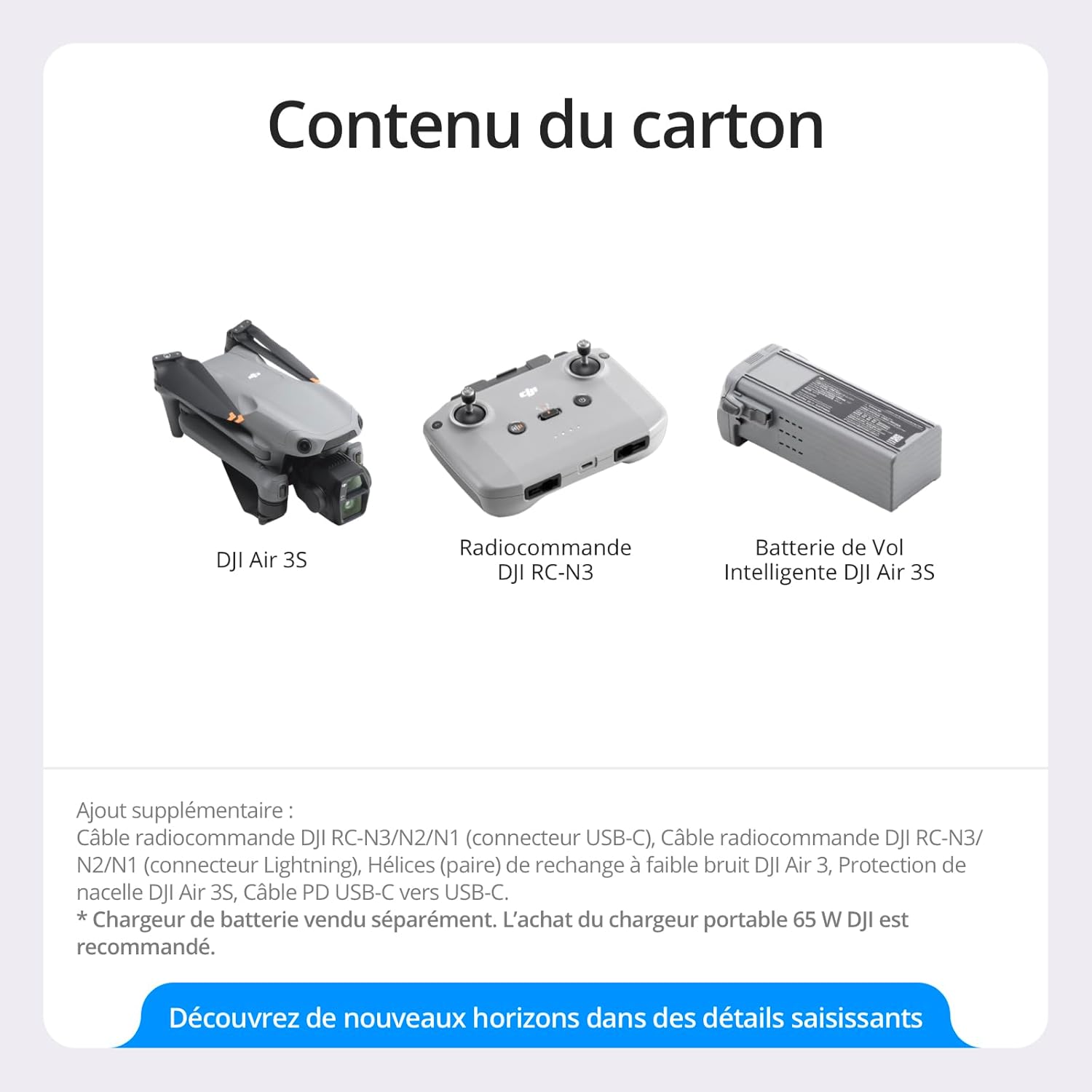 DJI Air 3S (RC-N3), drone avec caméra 4K, drone à double cam avec capteur CMOS grand-angle 1'', vidéo HDR 4K/60 ips et 14 stops de plage dynamique, temps de vol max. de 45 min, transmission sur 20 km