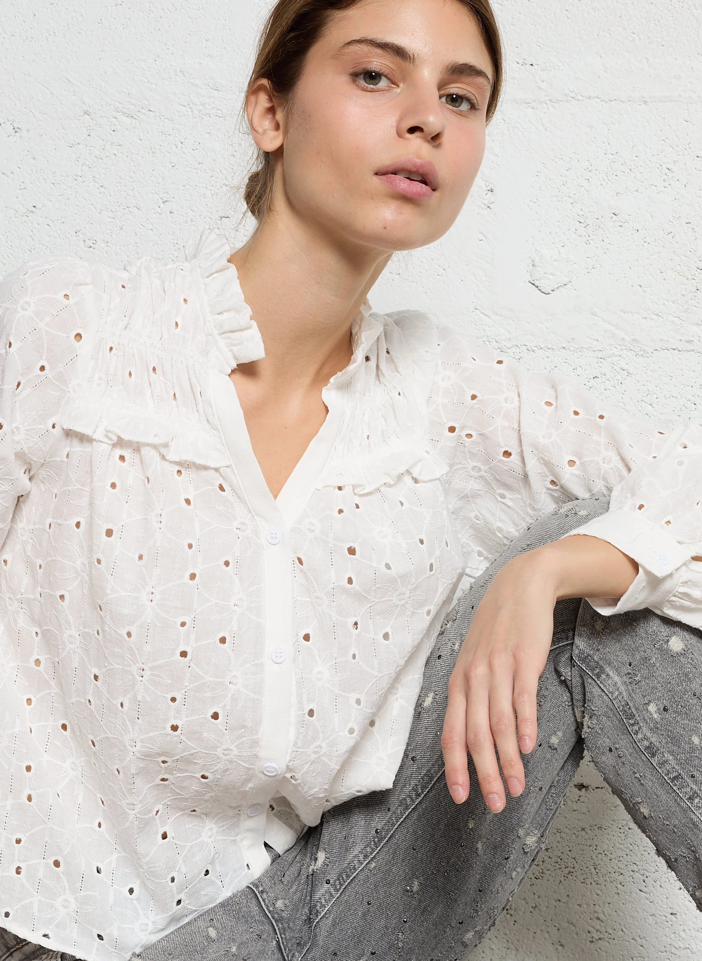Chemise droite brodée en coton | Blanc