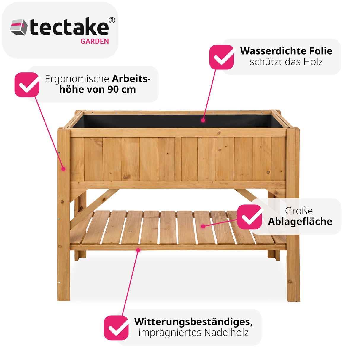 tectake houten verhoogde tuinbak met plank, 119 x 53 x 90 cm